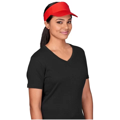 Woman with red sun visor on